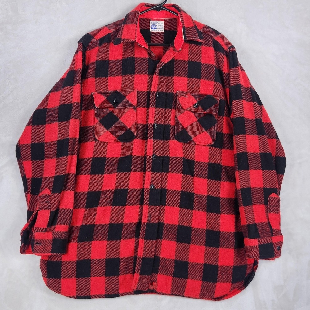 Vintage Pilgrim Sears Shirt Mens Large Red Buffalo Plaid Wool Flannel Made USA
